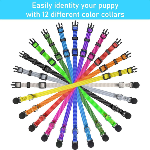 GAMUDA Puppy ID Collars - Super Soft Nylon Whelping Set - Adjustable Breakaway Litter for Pups - Assorted Colors Plain & Identification with 2 Record Keeping Charts - Set of 12 (S)4