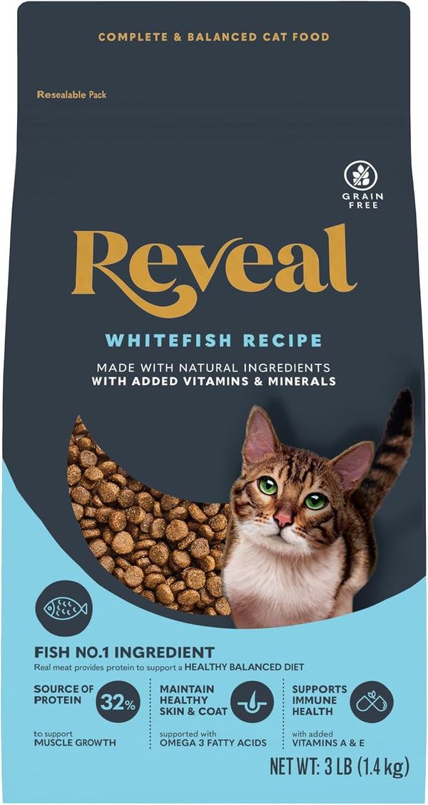 Reveal Whitefish Grain Free Complete Dry Cat Food 3 Lb Bag | High Quality Protein, Grain Free, Omega-3 Fatty Acids for Healthy Skin & Coat, Added Vitamins & Minerals, Complete & Balanced1