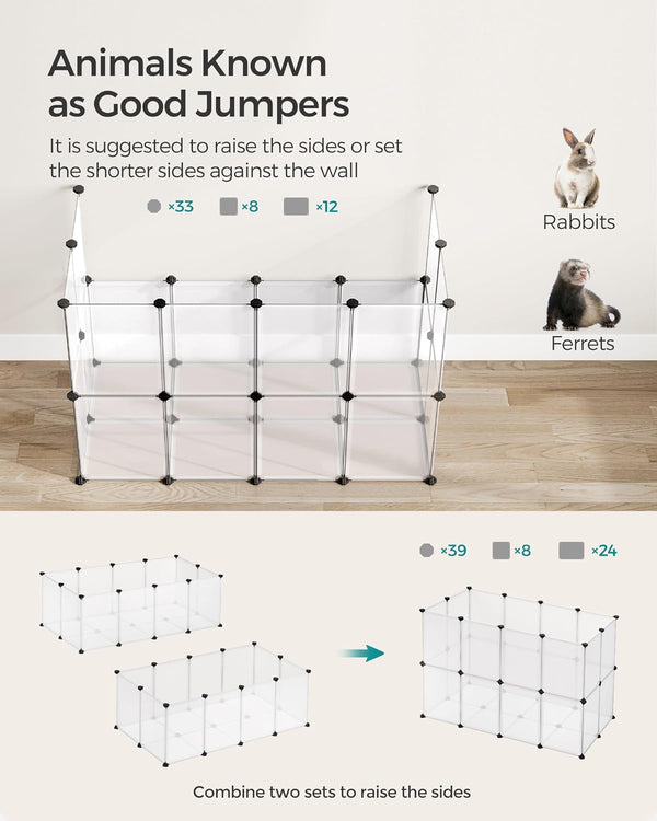 SONGMICS 20 Panels Pet Playpen with Floor, Small Animal Playpen, Pet Fence Indoor, DIY Plastic Enclosure for Guinea Pigs, Bunny, Hamsters, Hedgehogs, 49.2 X 24.8 X 16.5 Inches, White ULPC001W014