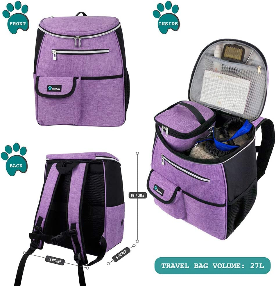 petami-dog-travel-bag-backpack-27l-airline-approved-pet-supplies-organizer-with-2-food-containers-2-collapsible-bowls-poop-bag-dispenser-weekend-road-trip-camping-dog-mom-gift-purple