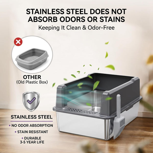 XXL Stainless Steel Cat Litter Box with Lid, 26X18X12 Inches | 12-Inch High Sides, for Big and Multiple Cats, Anti-Urine Leakage, Durable Metal8