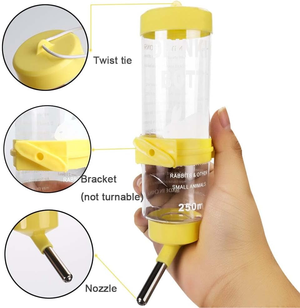 2pcs-8-45-oz-no-drip-small-animal-water-bottle-cage-water-bottles-for-small-pet-bunny-ferret-hamster-guinea-pig-rabbit-plastic-for-small-pet-guinea-pig-hamster-bunny-ferret-rabbit-hanging-wire-buckle-included-easy-to-install-yellow-blue