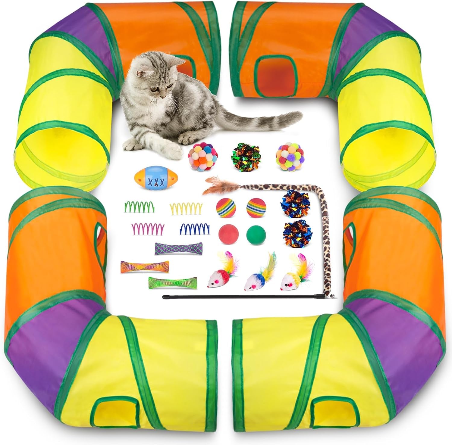 retro-shaw-33-pack-cat-toys-for-indoor-cats-collapsible-kitty-tunnel-tent-with-feather-teaser-wand-springs-balls-bell-mouse-interactive-kitten-hideaway-playhouse-15-7-inches