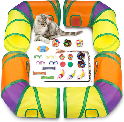 Retro Shaw 33 Pack Cat Toys for Indoor Cats, Collapsible Kitty Tunnel Tent with Feather Teaser Wand, Springs Balls Bell Mouse Interactive Kitten Hideaway Playhouse 15.7 Inches8