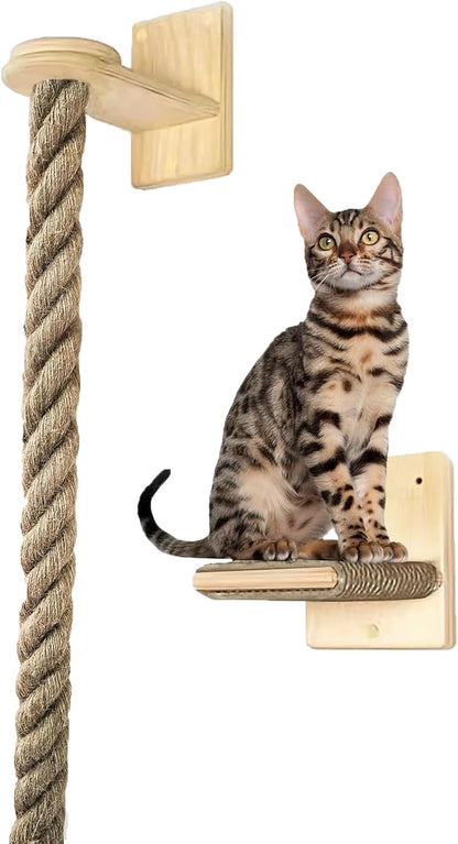 Cat Scratching Post Wall Mounted Climbing Rope Set – Double Platform, Sisal Rope, Space Saving, Easy Install, Multi-Level Cat Playground (Light Brown)5