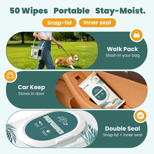 200 Count Dog Wipes & Cat Wipes (4X50 Packs) | Hypoallergenic, Ph Balanced for Paws, Body, Face & Grooming |All-Natural Plant Fiber Wipes with Aloe, Coconut Oil & Vitamin E |Pearl Texture3