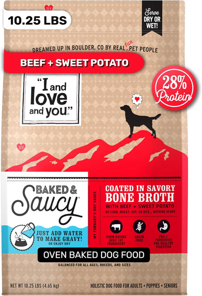 I and Love and You Baked & Saucy Dry Dog Food with Gravy Coating, Beef & Sweet Potato Recipe, Grain-Free, Prebiotics & Probiotics, Real Meat, No Fillers, 4 Pound Bag12
