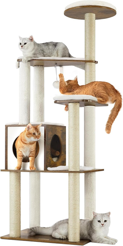 Feandrea Cat Tree, 64.6-Inch Modern Cat Tower, Multi-Level Condo with 5 Scratching Posts, Perch, Washable Removable Cushions, Cave, Rustic Brown UPCT166X011