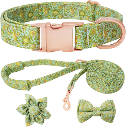 Dog Collar and Leash Set Girls Adjustable Puppy Collars with Floral Bow Tie for Small Medium Large Female Dogs, Orange Flower, S10