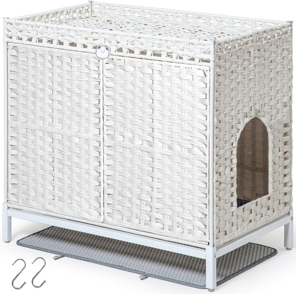 SETVSON Cat Litter Box Enclosure Furniture, Rattan PE Kitty House, Natural | Handwoven PE Rattan with 2 Soft Mats, Heightened Metal Feet, 2 S-Hooks, 30.3 X 18.3 X 28 in Spacious Interior Kitty Cabinet12