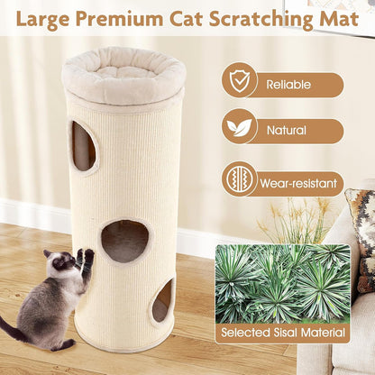 Tangkula 4 Story Cat Tree Condo, 49” Barrel-Shaped Cat House with Detachable Sisal Scratching Board, 3 Hideaways & Removable Soft Top Plush Bed, Interior Bamboo Mat, Modern Cat Tower for Indoor Cats7