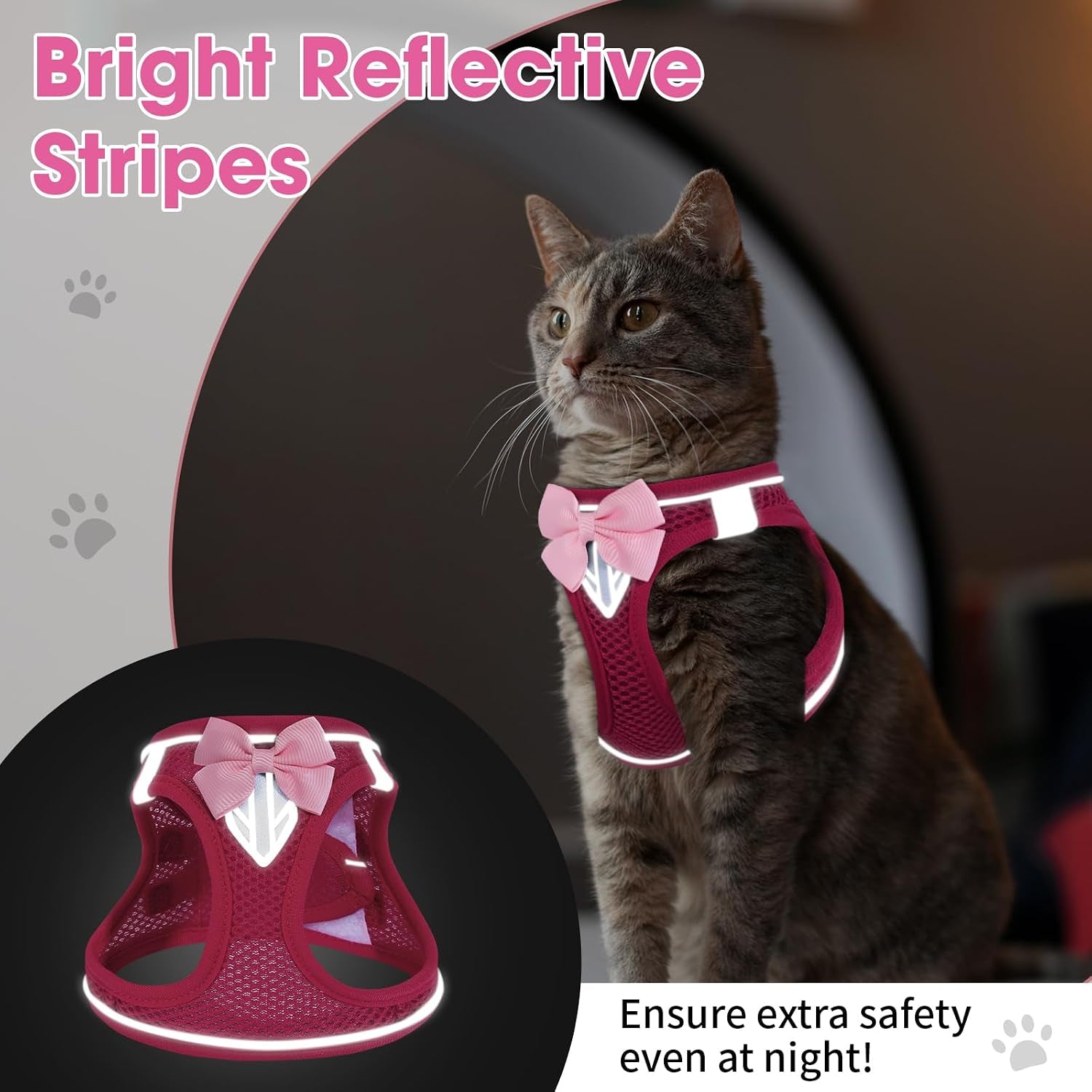 cat-vest-harness-and-leash-set-escape-proof-kitten-harness-pink-xs-safe-reflective-strips-adjustable-easy-wear-kitty-harness-sturdy-clip-buckle-breathable-mesh-for-kitty-puppy-bunny-walks