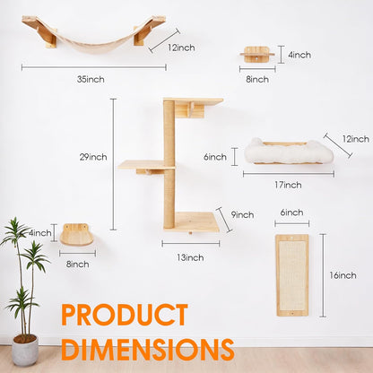 6In1 Cat Wall Shelves Climbing Systems, Large Cat Furniture Shelf Set Wall Hanging Mounted, Hammock Sisal Scratching Perch Bed 2 Steps Tower Tree for Indoor House Corner Ladder3