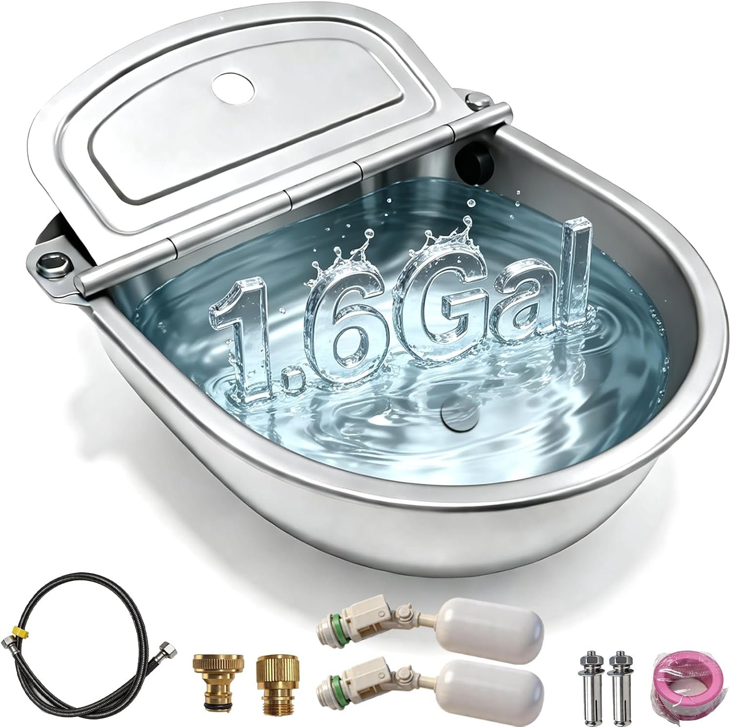 automatic-water-bowl-304-stainless-steel-pet-water-dispenser-dog-feeder-waterer-for-large-dogs-with-40-inch-steel-hose-2-float-valve-copper-connector-adapter-2-bolts-with-drainage-hole