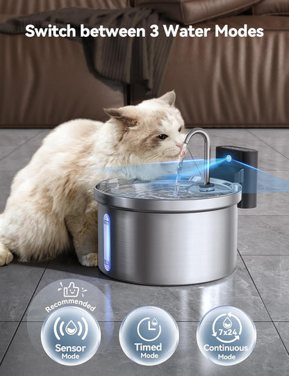 Wireless Cat Water Fountain [Water & Battery Separation] FEELNEEDY Stainless Steel Automatic Pet Water Dispenser, 4000Mah Battery Operated Water Fountains for Cats Dogs - 3.5L/118Oz4