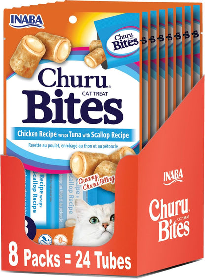 INABA Churu Bites for Cats, Soft/Chewy Baked Chicken Wrapped Churu Filled Cat Treats with Vitamin E, 0.35 Ounces per Tube, 24 Tubes Total (3 Tubes per Pack), Chicken Recipe12