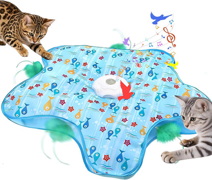 Interactive Cat Toy, Peek-A-Boo Series – Hidden Feather Wand, Rechargeable Indoor Hunting Toy, Squeaky Bird Sound, and Small Fish Pattern Cover1