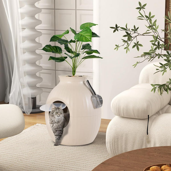 Tangkula Hidden Litter Box Plant, Cat Litter Box Enclosure Furniture with Odor Removal System, 4 Modes Lights, Artificial Plant, Pebbles, Door, Scoop, Planter Litter Box for Large Cats, Easy to Clean8
