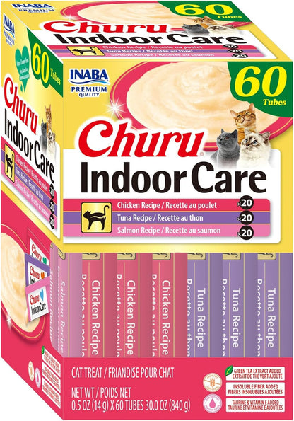 INABA Churu Indoor Care for Hairball Control, Functional Lickable Cat Treat with Taurine & Green Tea Extract, 0.5Oz Each, 24 Tubes Total, Tuna Recipe10