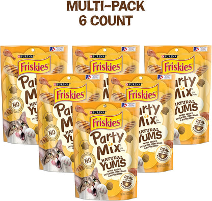 Purina Friskies Natural Cat Treats, Party Mix Natural Yums with Real Chicken & Vitamins, Minerals & Nutrients - (Pack of 6) 6 Oz. Pouches2