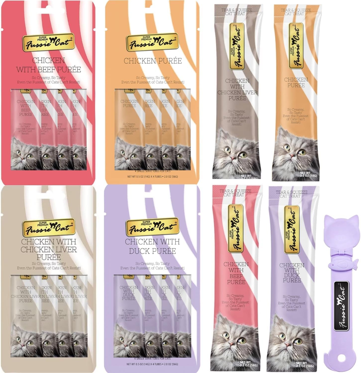 fussie-cat-premium-puree-lickable-cat-treats-in-chicken-puree-4-flavors-4-packs-of-4-0-5oz-tubes-16-total-tubes-spoon