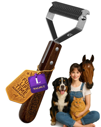 Extra Large 2-Sided Undercoat Rake for Dogs & Cats, Dog Brush for Shedding Remove Mats, Dematting Comb, Safe&Gentle Grooming Brush for German Shepherds Medium to Long-Haired Pets,Premium Wooden Handle11