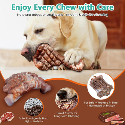 Fuufome Dog Chew Toys for Aggressive Chewers & Large Dogs Tough Nylon Bone | Indestructible Hard, Power Chewing, Teeth Cleaning Textures to Keep Them Busy, 2 Pack Steak & Ribs Toy for 20–100 Lbs Dogs4