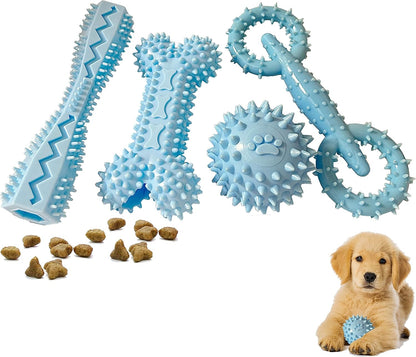 4-Pack Puppy Teething Toys Chew Toys for 0-6 Month Puppies,Blue | Small Medium Dogs Durable Interactive Food Dispensing Bone Ball Donut Dog Boy1
