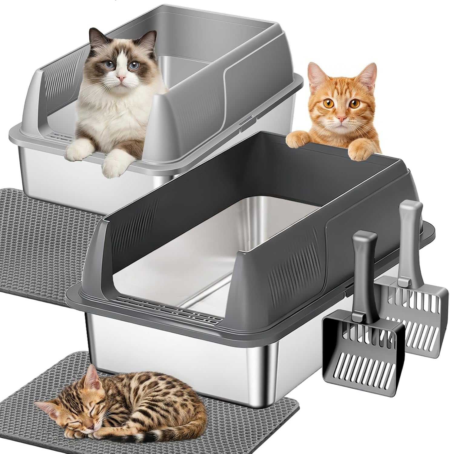 gimars-2-pack-xl-stainless-steel-cat-litter-box-for-big-senior-cats-multi-cat-metal-litter-pan-with-high-sides-odor-resistant-easy-clean-includes-litter-scoop-litter-mat-anti-slip-pads