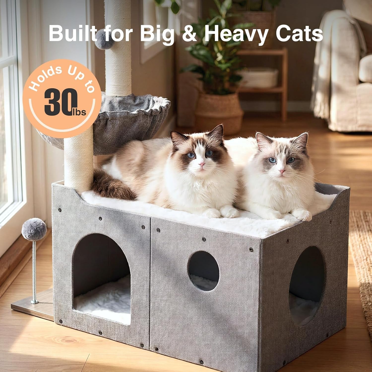 veehoo-extra-large-cat-house-bed-for-indoor-cats-29x16x31-9-sturdy-condo-cat-hideaway-with-scratching-post-foldable-cube-with-hammock-cave-with-2-plush-interactive-balls-for-multiple-cats-gray