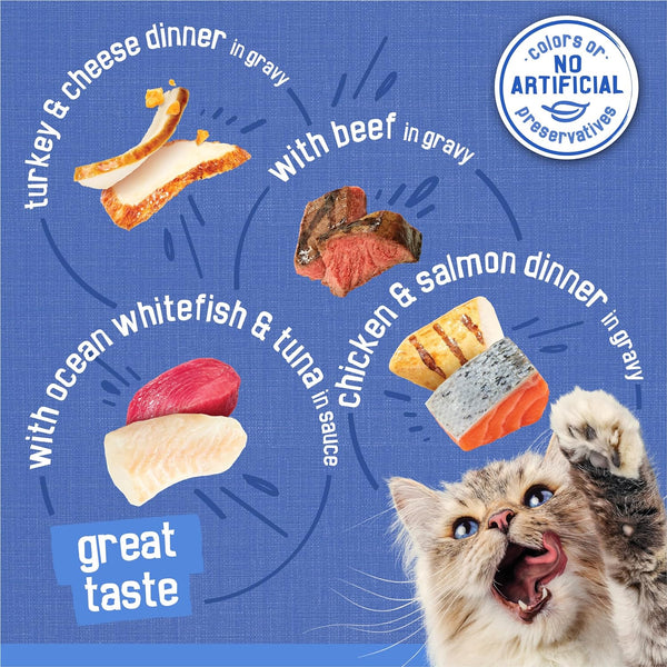 Purina Friskies Wet Cat Food Variety Pack, Shreds with Beef, Turkey and Cheese Dinner, Chicken and Salmon Dinner, and with Ocean Whitefish and Tuna - (Pack of 40) 5.5 Oz. Cans4