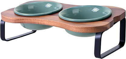 SPUNKYJUNKY Ceramic Elevated Tilted Dog Bowls Bone-Shaped Raised with 2 Height Iron Stand, 4.9'' Dog and Cat Food Water Bowls Set Non-Slip for Puppy Kitten Small Sized Breed - 7 Oz,Light Green9