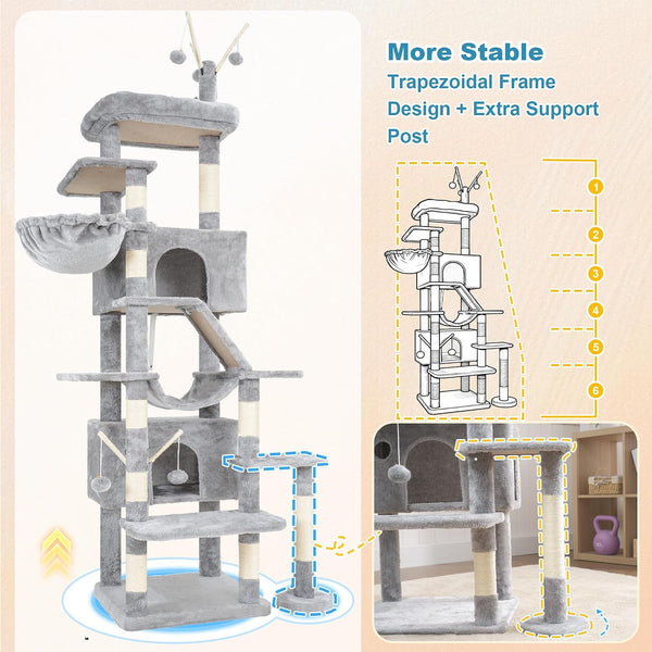 Hey-Brother Cat Tree Tower with Sturdy Supporting Posts, 2 Condos, MPJ082W- | 82.7 Inches Multi-Level Cat Tower with 5 Teaser Toys, Sisal Scratching Posts, Large Bed, Hammock for Indoor Cats, Light Gray3