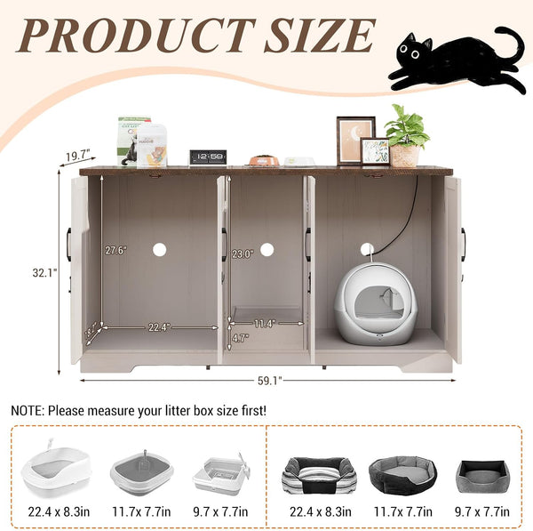 59.1" Cat Litter Box Enclosure for 2 Cats, Hidden Litter Box Furniture with Power Outlet & Removable Hallway, Lockable Door & Anti-Tip Design, Farmhouse Litter Box Cabinet with Magnetic Door, White2