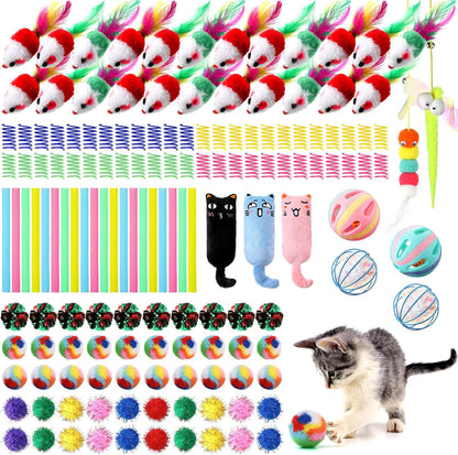Shappy 150 Pcs Cat Toys for Indoor Cats Bulk, Kitten Toys Pack, Variety Interactive Gift Including Mice Rainbow Balls Spring Crinkle Balls Gift for Kitty Kitten Cat(Classic)7