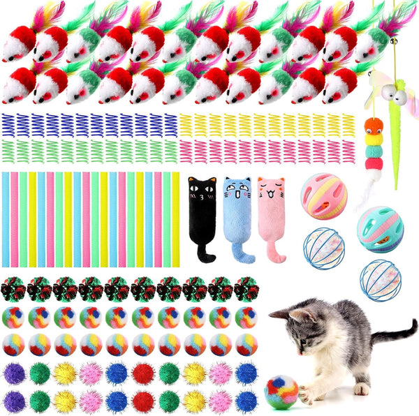 Shappy 150 Pcs Cat Toys for Indoor Cats Bulk, Kitten Toys Pack, Variety Interactive Gift Including Mice Rainbow Balls Spring Crinkle Balls Gift for Kitty Kitten Cat(Classic)7