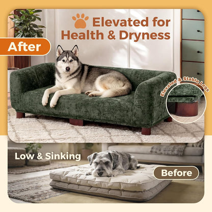 Dog Couch Sofa for Large & Extra Large Dogs, Elevated Pet Bed with Legs, Button Tufted Chenille Dog Couch with Backrest and Armrests, Modern Indoor Dog Furniture(Green, XXL - 55" X 28" X 15")5