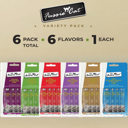 Fussie Cat Super Premium Cat Treats in Goat Milk Puree, Lickable Cat Treats,6 Packs of 4-0.5Oz Tubes, Variety Flavor Pack of 6 Flavors + Freeding Spoon5