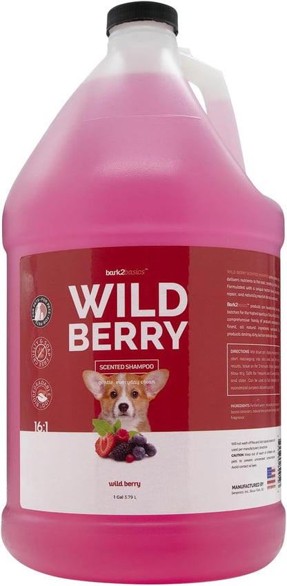 Bark2Basics Wild Berry Dog Shampoo, 1 Gallon | Unique Herbal Blend, Finest Natural Ingredients, Handcrafted, Soap-Free & Cruelty-Free, Protects and Nourishes Skin and Coat | Concentrate Makes 16 Gallons; Gentle on Pets, Dogs, Cats and Puppies, Moisturizing Grooming Wash, Naturally Derived, USA Made1