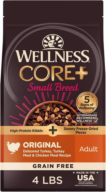 Wellness CORE+ Small Breed Adult Dry Dog Food with Freeze Dried Pieces, Grain Free Kibble+, Natural, High Protein, Turkey and Chicken Recipe, 4 Lb Bag1