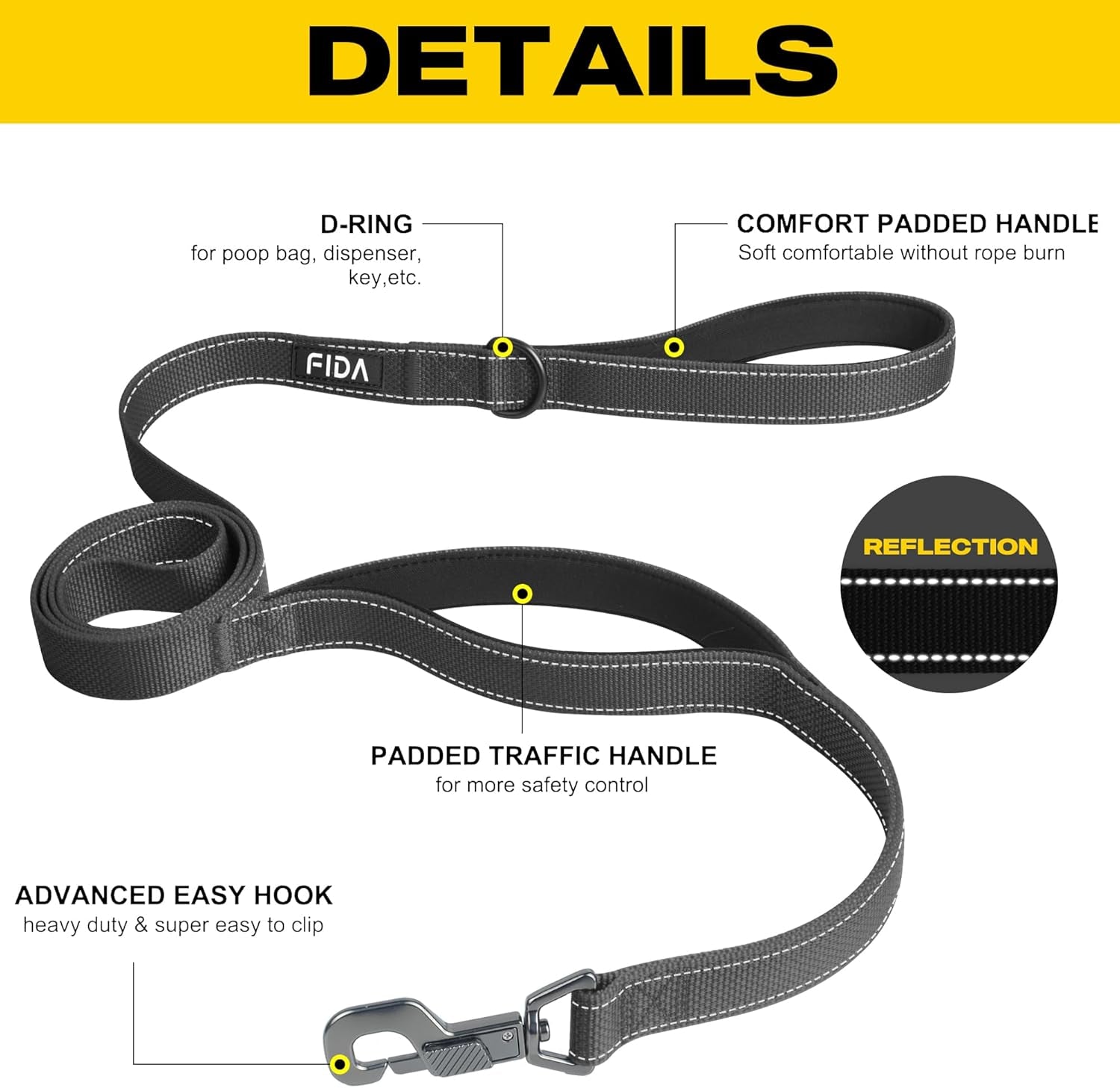 fida-4-ft-heavy-duty-dog-leash-with-2-comfortable-padded-handles-traffic-handle-advanced-easy-snap-hook-reflective-walking-lead-for-large-medium-small-breed-dogs-4-ft-x-1-wide-black