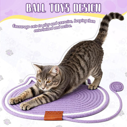 2 PC Cat Scratcher Mat - Natural Cotton Rope Oval Horizontal Scratch Pad (11''X13.7'') with Dangling Ball Toy, Cat Ear Design, Furniture Protector for Floor/Wall, Durable Handmade (Balck, 2 PC)5