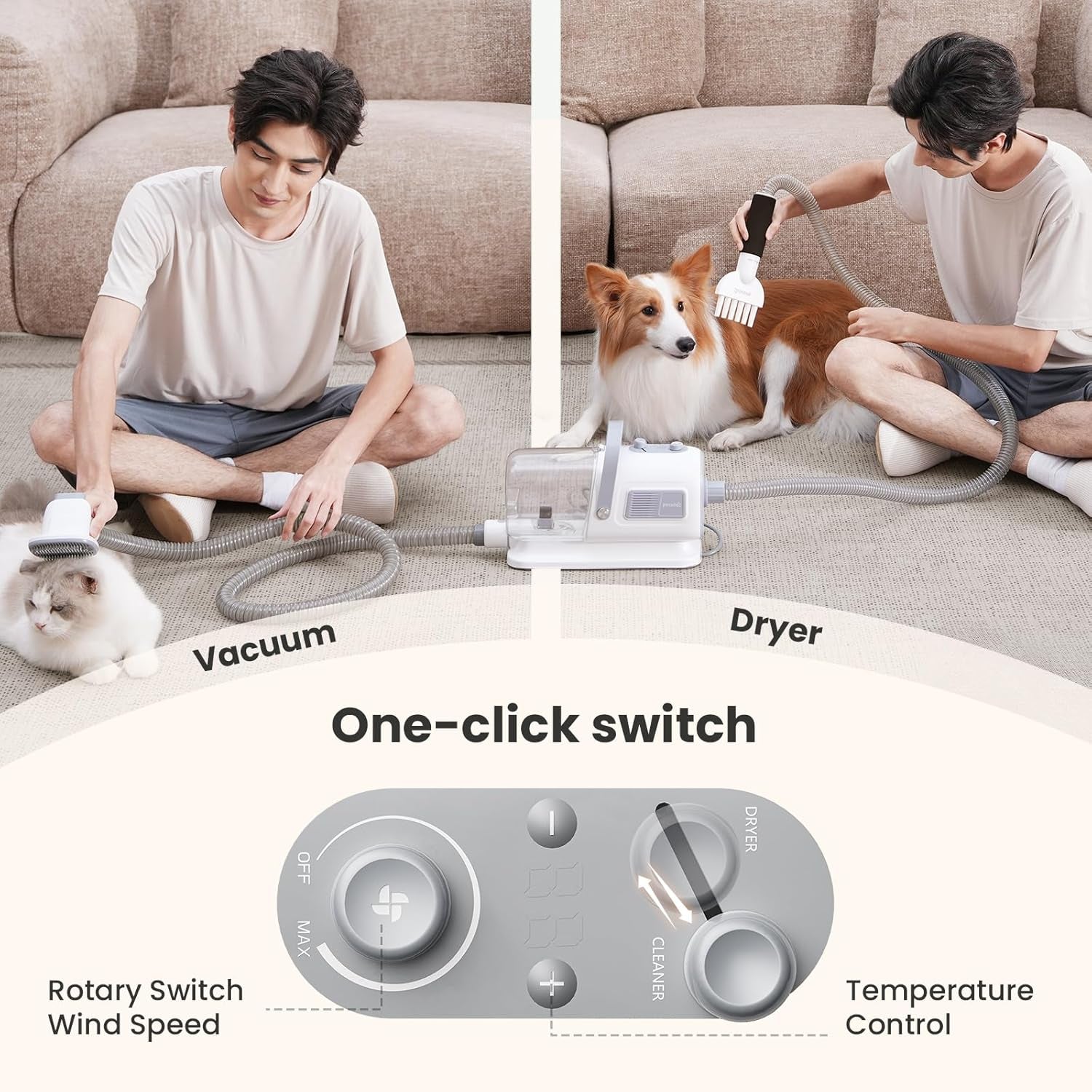 pecute-7-in-1-dog-grooming-vacuum-dryer-for-heavy-shedding-10000pa-suction-adj-suction-temp-home-salon-use-55db-low-noise-1-7l-dust-cup-reduces-flying-hair-easy-cleanup