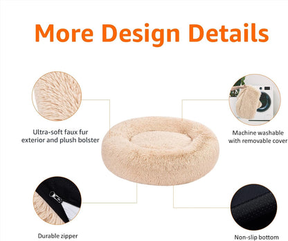 Amazon Basics Washable Donut Pet Bolster Faux Fur Bed with Removable Cover, Anti-Slip Bottom for Dog, Beige, 23" X 23"2