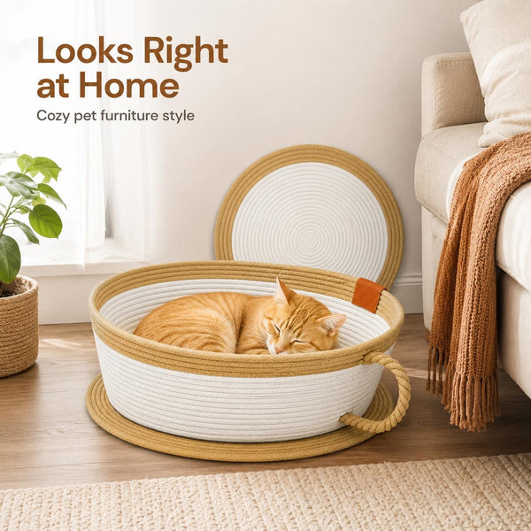 Trynellis Handwoven Cotton Rope Cat Basket Bed with Removable Scratching Pad, 2-In-1 Cat Scratcher Lounge (Large,Woven Rattan Cat Bed + Cushion)2