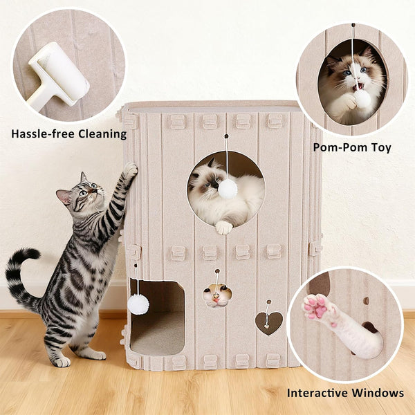 Cat House for Indoor Cats - 2-Story Enclosed Cat Bed Cave for Multiple & Large Cats, Felt Covered Pet Hideaway Tunnel Condo House, Kitty Hut Hideout Cube, Scratch Resistant, Beige6