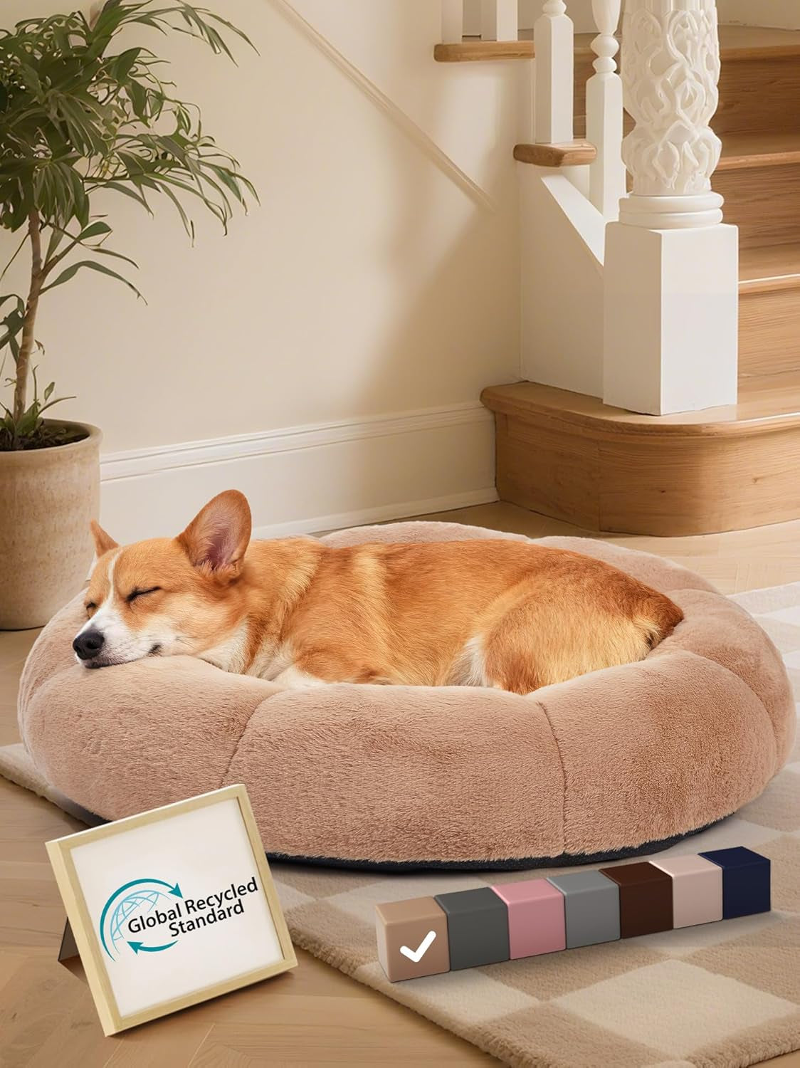 ohgeni-31-inches-calming-donut-orthopedic-dog-cat-bed-for-medium-pets-warming-comfort-fluffy-short-pile-fur-durable-waterproof-machine-washable-removable-cover-cute-round-bed-for-puppy-camel