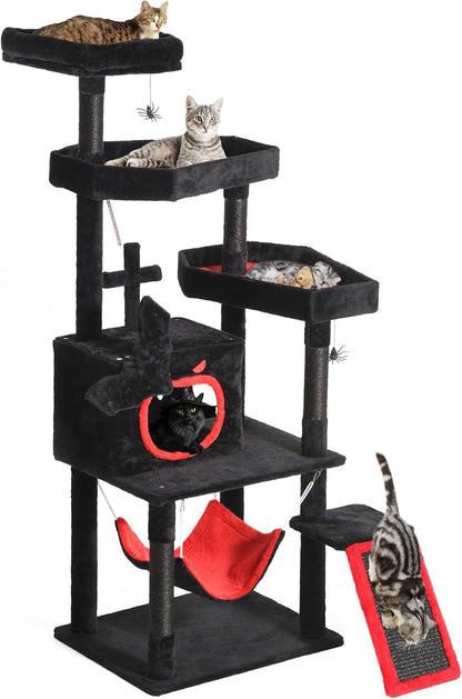 YITAHOME Gothic Cat Tree with Coffin Bed, 63" Tall Cat Tower for Indoor Cats with Top Perch, Spacious Cat Condos, Spider Hanging Balls,Comfy Hammock, Scratching Post and Ladder, Black Halloween | Cat Tower with Top Perch, Spacious Cat Condos, Spider Hanging Balls, Comfy Hammock, Scratching Post and Ladder1