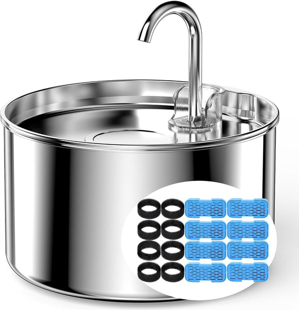 Cat Water Fountain Stainless Steel + 8 Filters + 8 Sponges - Pet Water Fountains Faucet Metal Automatic Cat/Dog Waterer Bowls Pets Watering Running Bottle Water Dispenser for Drinking Ultra Quiet Pump1