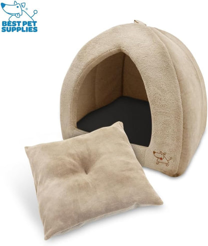 Best Pet Supplies Cat Bed for Indoor Cat, Domed Tent House with Removable Pillow, Covered Cat Cave for Small Dog, Puppies and All Breeds of Cats - Tan, 19 X 19 X H:19"4